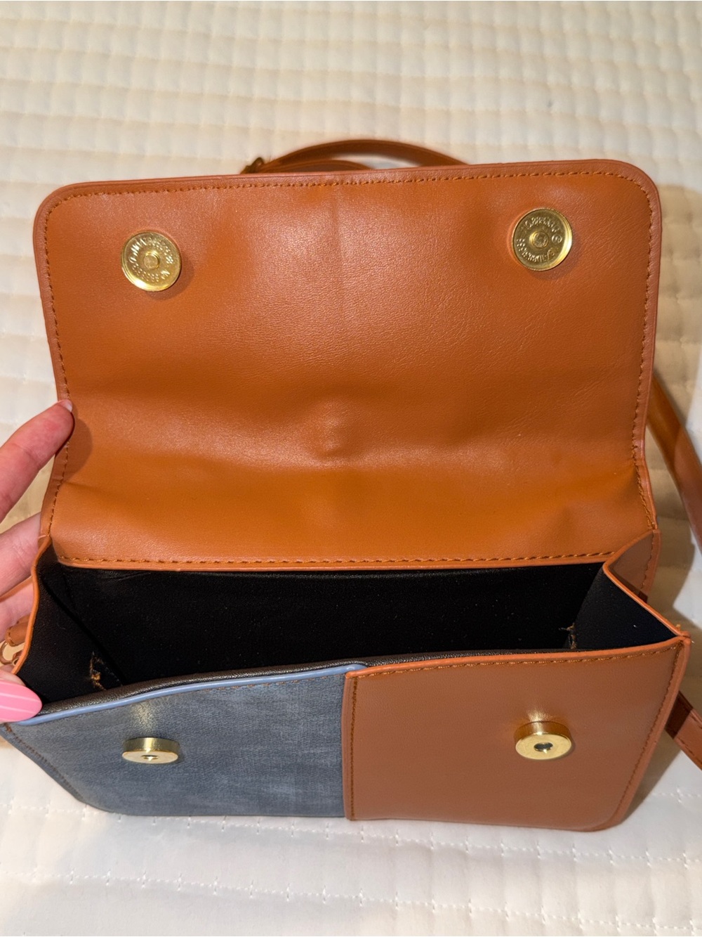 Women’s Two-Tone Brown and Blue Patchwork Crossbody Handbag - Picture 2 of 4